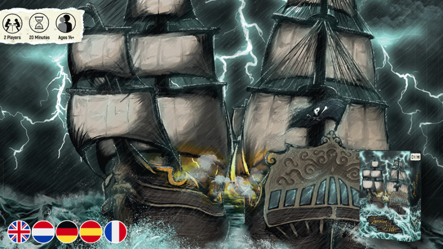 Het artwork voor het bordspel Turning Tides, met twee schepen