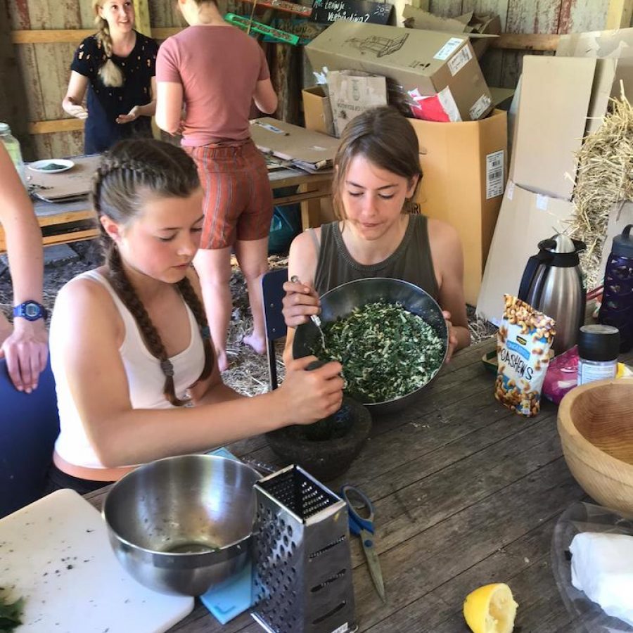 Anne-Mihr en Djaya, studenten op democratische school De Ruimte, maken pesto in de eetbare tuin.