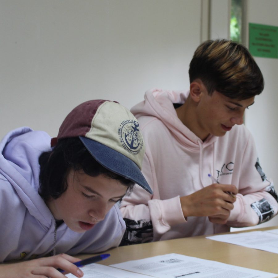 Studenten Tom en Salomé zijn bezig met opdrachten op papier tijdens de economieles.