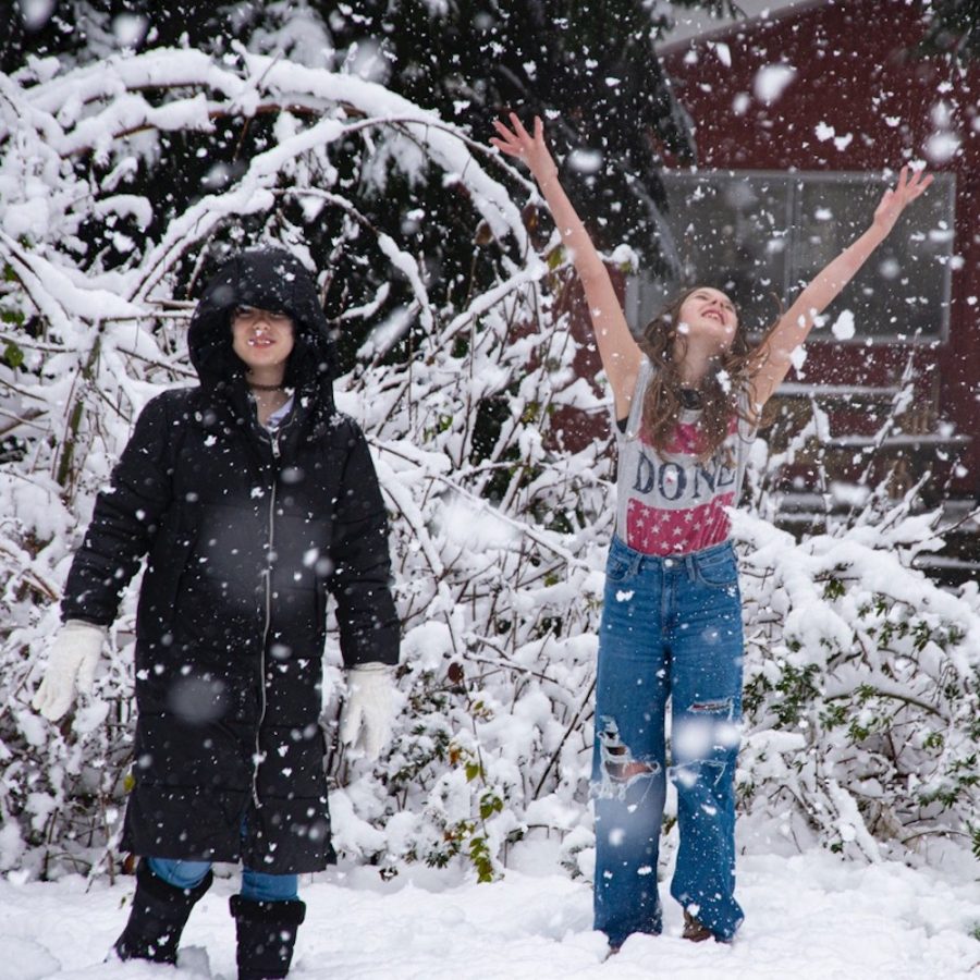 Studenten spelen in de sneeuw op democratische school De Ruimte.