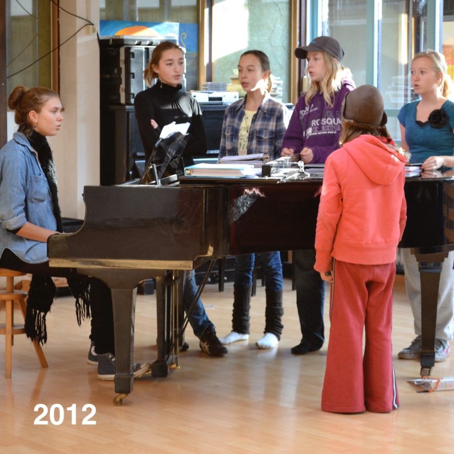 Zangcoach Laura Overbeeke zit achter de piano, 5 studenten staan er omheen, ze zingen.