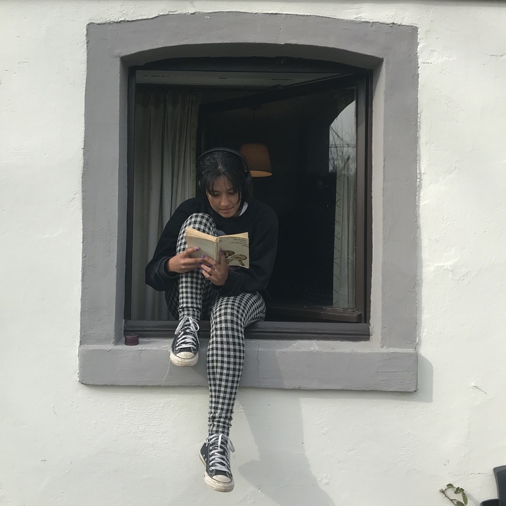 Gezeten in een raam leest een student een boek