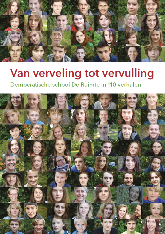 Omslag 'Van verveling tot vervulling', met daarop de titel en zo'n 100 kleine portretjes van studenten van De Ruimte.