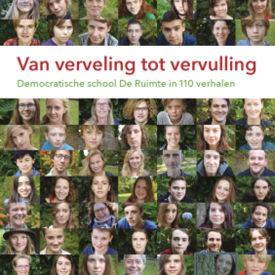 Omslag 'Van verveling tot vervulling', met daarop de titel en zo'n 100 kleine portretjes van studenten van De Ruimte.